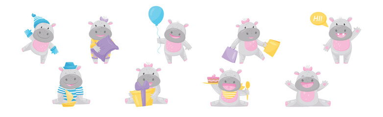 Cute Hippo Baby Character with Stocky Body Engaged in Different Activity Vector Set