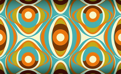 Fototapeta premium Colorful ‘70s Retro Style poster art with flowers, and psychedelic wavy shapes, colors in orange, pale blue, yellow and greens. Background texture. Illustrative Generative AI. 