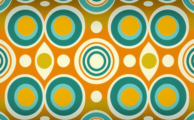 Fototapeta premium Colorful ‘70s Retro Style poster art with flowers, and psychedelic wavy shapes, colors in orange, pale blue, yellow and greens. Background texture. Illustrative Generative AI. 