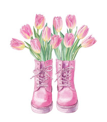 Watercolor pink boots with tulips, spring card