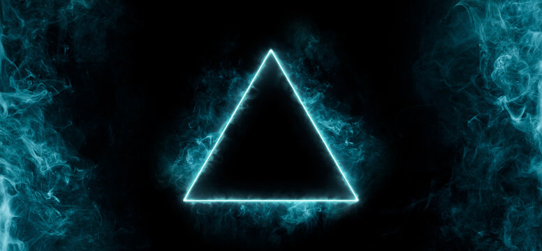 Neon blue color geometric triangle on a dark background. Mystical portal. Mockup for your logo. Futuristic smoke. Mockup for your logo.