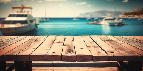 table en bois pour la pr&eacute;sentation de produits avec arri&egrave;re-plan l&eacute;g&egrave;rement flou. D&eacute;cor d'un port de plaisance au bord de mer sous le soleil