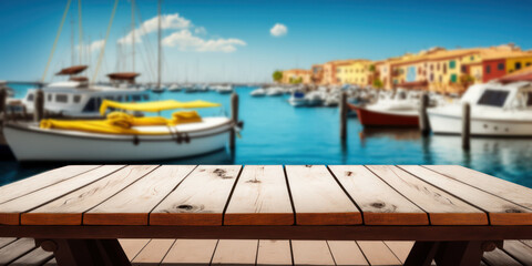 Obraz premium table en bois pour la présentation de produits avec arrière-plan légèrement flou. Décor d'un port de plaisance au bord de mer sous le soleil