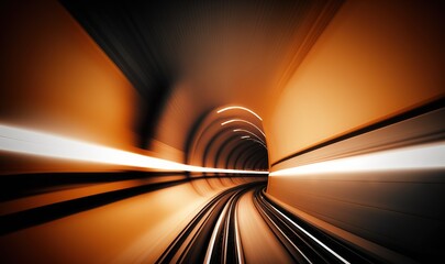  a train traveling through a tunnel filled with light at the end of it's tunnel, with the light at the end of the tunnel.  generative ai