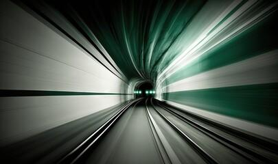  a tunnel with a green light at the end of it and a train going through the tunnel at the end of the tunnel is a green light at the end of the tunnel.  generative ai
