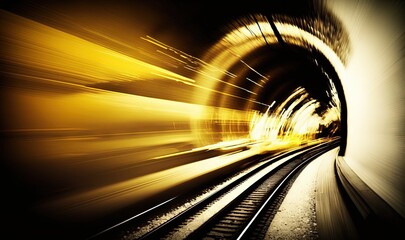  a train traveling through a tunnel filled with train tracks and light at the end of it's tunnel is a yellow light that is shining in the middle of the tunnel.  generative ai