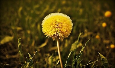  a dandelion in the middle of a field of grass with yellow flowers in the foreground and a black background with a black border.  generative ai