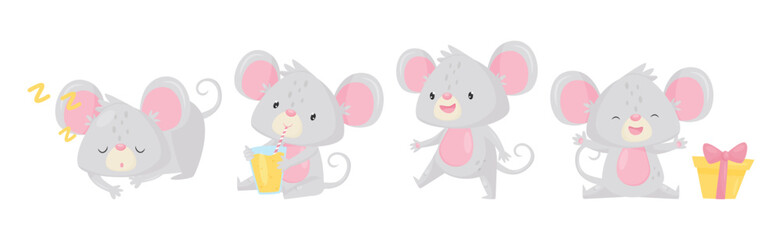Grey Mouse Character with Huge Ears Engaged in Different Activity Vector Set