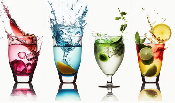  four glasses of different colored drinks with splashing water and limes on the side of the glasses, with a lime and lime slice on the side of the glass.  generative ai