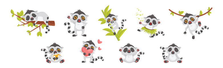 Funny Lemur Cub with Striped Tail Engaged in Different Activity Vector Set