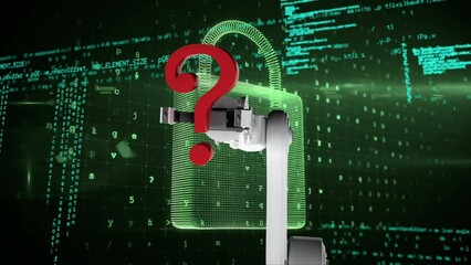 Animation of bionic arm with question mark, digital padlock, arrow and data processing - Powered by Adobe