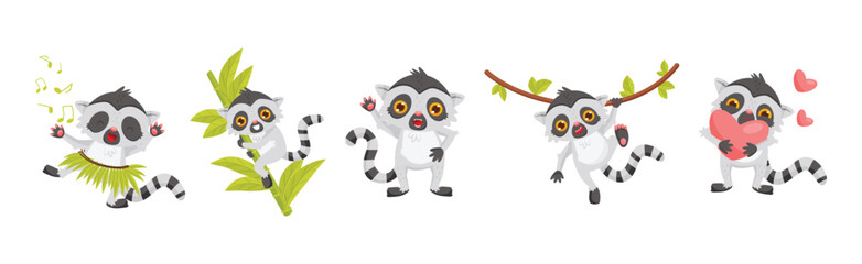 Funny Lemur Cub with Striped Tail Engaged in Different Activity Vector Set