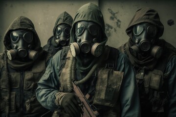 A group of soldiers in gas masks. Nuclear war