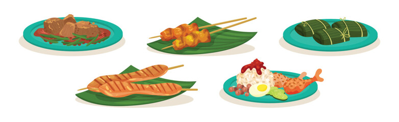 Traditional Malaysian Dishes and Served Food Vector Set