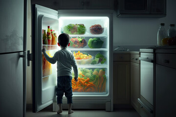 Generative AI Illustration of a boy opening the fridge to eat something at night
