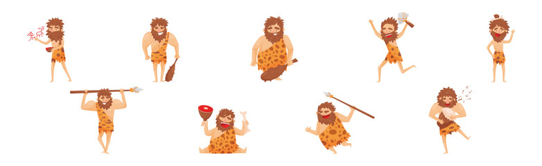 Funny Stone Age Prehistoric Man in Different Situations Vector Set