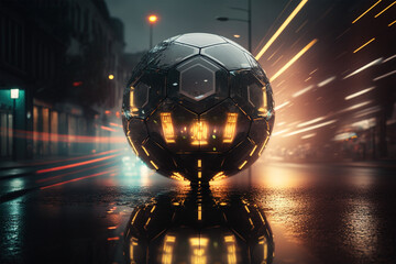 Metallic futuristic giant football soccer ball in a night city street with cinematic lightning wallpaper made by generative ai