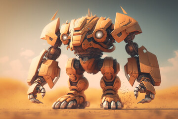 Fototapeta na wymiar Orange mecha robot design in desert background 3d render made by generative ai