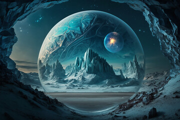 Surreal winter desolated planet with glacial inside a crystal glass ball landscape wallpaper made by generative ai