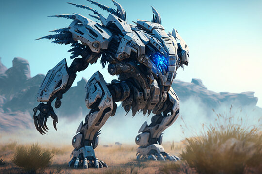 Futuristic mecha robot animal concept design in desert tundra landscape background 3d render made by generative ai