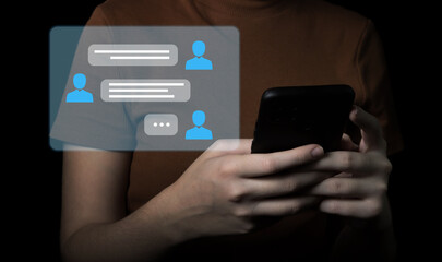 The girl uses a smartphone for correspondence. communication in social networks. Information support service and chat bot