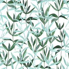 Fototapeta na wymiar Hand drawn painted watercolor seamless endless botanical pattern with plants with green leaves on white background.Web design element made of aquarelle illustration. Isolated