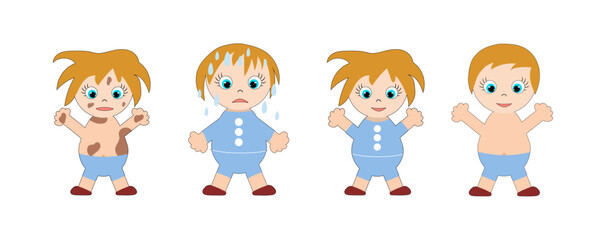 Baby Clean, dirty, shaggy, wet Vector illustration. Worksheet development baby.
