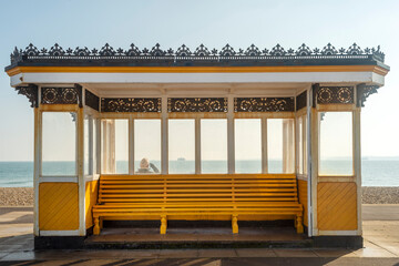 Painted Victorain shelter on Southsea sea front. Portsmouth, Hampshire.