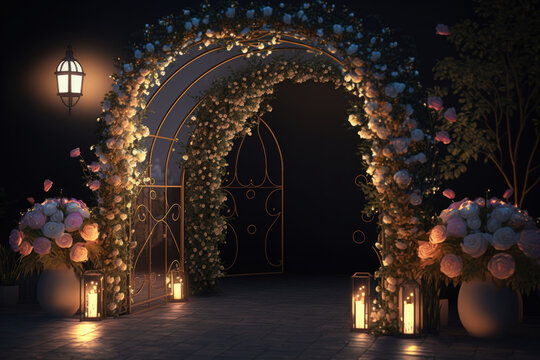 Wedding archway with flowers and lanterns. Generative AI