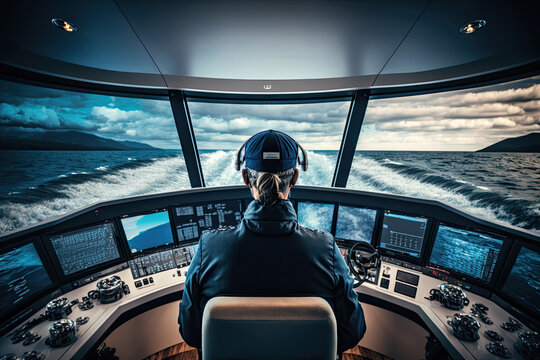 Generative AI Illustration of a sea captain in the cockpit of a transatlantic ship sailing the sea