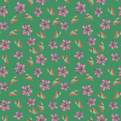 Fototapeta na wymiar Seamless pattern of flowers and butterflies on a green background. Spring background for children. Bright colored gentle summer pattern. Vector illustration