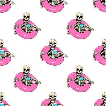 SKELETON WITH INFLATABLE CIRCLE AND COCKTAIL COLOR SEAMLESS PATTERN WHITE BACKGROUND