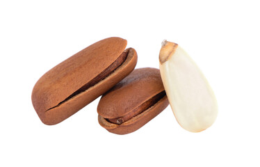 Pine nuts on white background. Pine nuts in shell. 