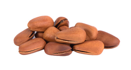 Pine nuts on white background. Pine nuts in shell. 