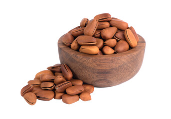 Pine nuts on white background. Pine nuts in shell. 