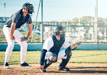 Sports, baseball and umpire with man on field for fitness, pitching and championship training....