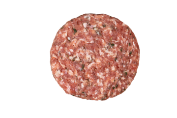 close up of fresh raw meat burger isolated on transparent background, png	