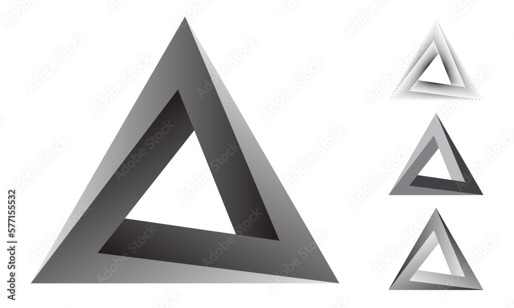 Poster Set of four impossible triangles. Penrose triangle. Geometric 3D object optical illusion triangle icon. Modern design elements for website, poster and flyers. Vector illustration.