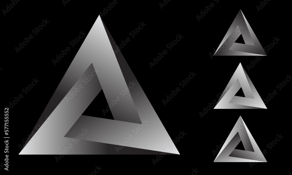 Poster Set of four impossible triangles. Penrose triangle. Geometric 3D object optical illusion triangle icon. Modern design elements for website, poster and flyers. Vector illustration.