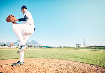 Sports athlete, baseball field or man throwing in competition mock up, practice match or pitcher...
