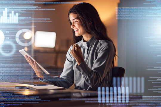 Success, woman or tablet coding overlay in night office of data analytics, chart achievement or winner goals. Smile, happy or cheering corporate on hologram technology for infographic business growth - Powered by Adobe