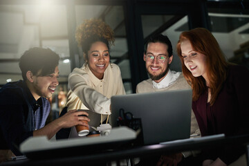 Night business, people and group on laptop for planning, research and collaboration in dark office. Happy diversity, computer technology and evening in agency, team strategy and workplace discussion