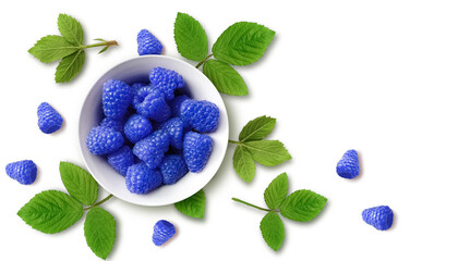 Juicy ripe blue raspberries in a plate on a white background