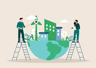 Sustainable economic growth with renewable energy and natural resources. Green energy, sustainable industry, and manufacturing concept. Vector illustration.