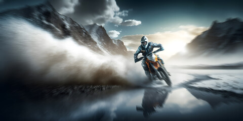 Banner Extreme motocross jump on bike, background mountain. Generation AI