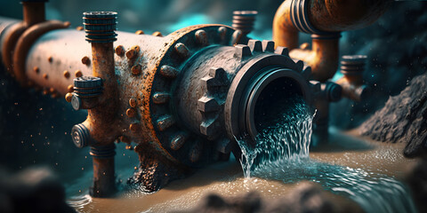 Accident and leak on rusty old pipeline, water pollution by sewage. AI generation - obrazy, fototapety, plakaty