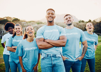 Obraz premium Volunteer group, teamwork and community service, eco friendly help with people in portrait, solidarity and sustainability, Happy, environment and sustainable development with volunteering to clean