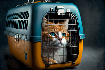 Cat in carrier cage transportation for airport and train transport. Concept animal travel trip. Generation AI