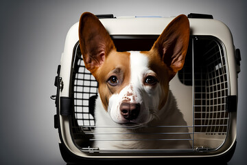 Happy dog in carrier cage transportation white isolated background. Concept animal travel trip. Generation AI
