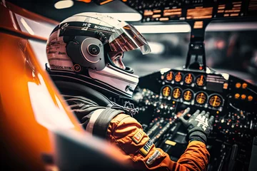 Foto op Plexiglas Generative AI Illustration of an F1 driver inside his car with the helmet and the competition suit prepared for the race © Supermelon